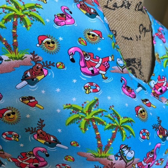 Festive Christmas Flamingo and Santa Print Scrub Top - Picture 5 of 9